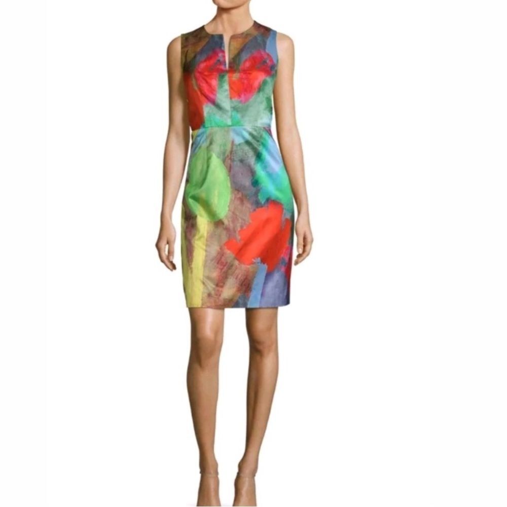 Milly Tulip Paint Print Dress Sheath Career Sz 8 Notched Neckline Silk Blend